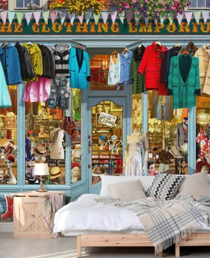 colorful custom facade wallpaper mural called The Clothing Emporium II by Garry Walton for care homes