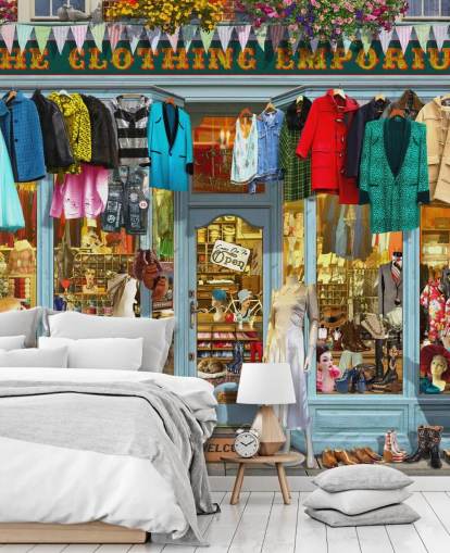 colorful custom facade wallpaper mural called The Clothing Emporium II by Garry Walton for care homes