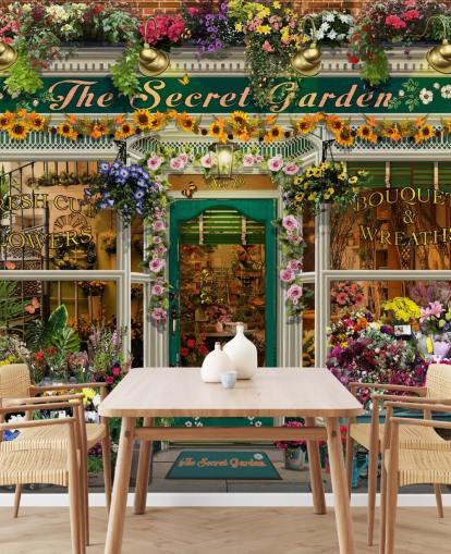 colorful custom facade wallpaper called The Secret Garden by Garry Walton for care homes