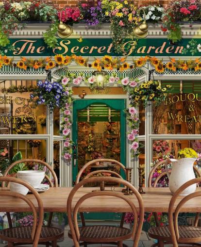 colorful custom facade wallpaper called The Secret Garden by Garry Walton for care homes