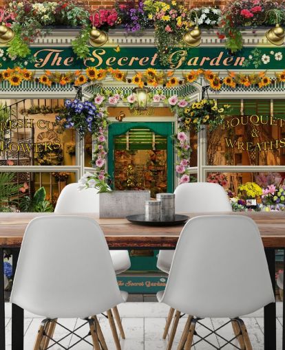 colorful custom facade wallpaper called The Secret Garden by Garry Walton for care homes