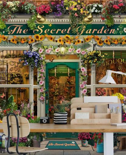 colorful custom facade wallpaper called The Secret Garden by Garry Walton for care homes