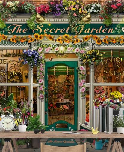 colorido papel pintado personalizado para fachadas llamado The Secret Garden de Garry Walton para residencias de ancianos