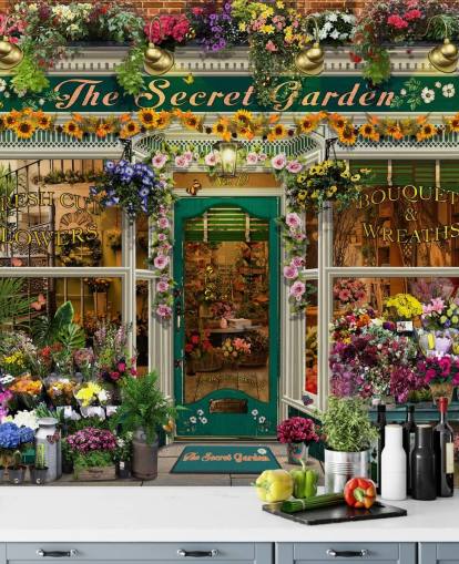 colourful custom facade wallpaper called The Secret Garden by Garry Walton for care homes