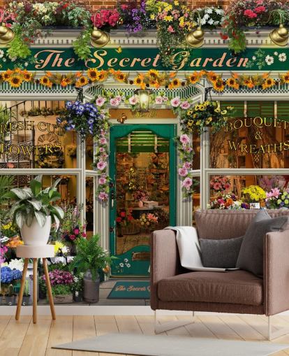 colorful custom facade wallpaper called The Secret Garden by Garry Walton for care homes