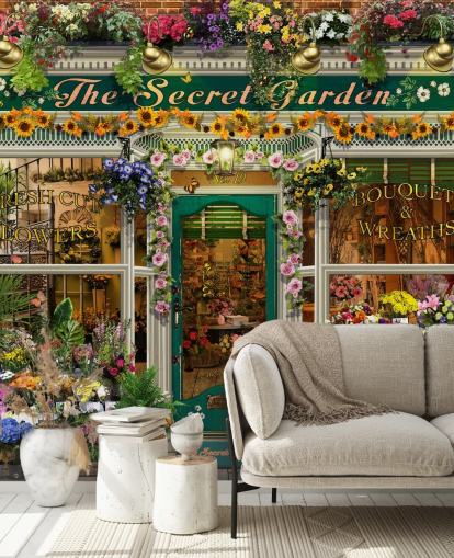colorful custom facade wallpaper called The Secret Garden by Garry Walton for care homes