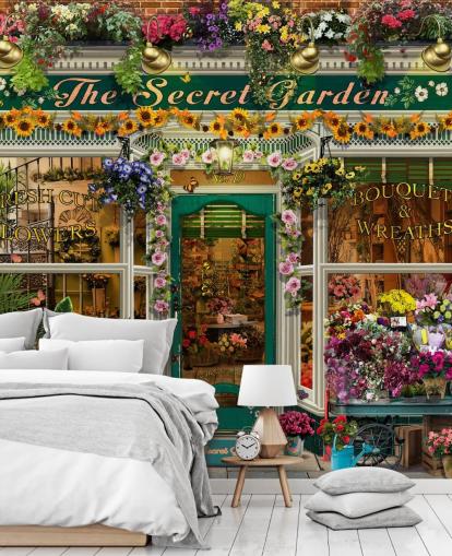 colorido papel pintado personalizado para fachadas llamado The Secret Garden de Garry Walton para residencias de ancianos