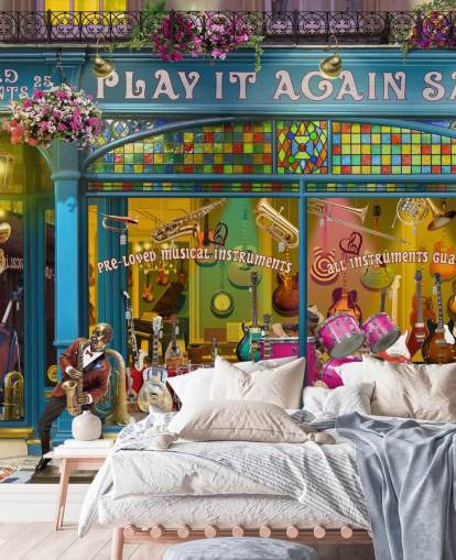 papier peint mural de façade personnalisé coloré appelé Music Shop par Garry Walton pour les maisons de retraite papier peint mural de façade personnalisé coloré appelé Music Shop par Garry Walton pour les maisons de retraite