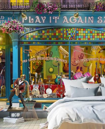 papier peint mural de façade personnalisé coloré appelé Music Shop par Garry Walton pour les maisons de retraite