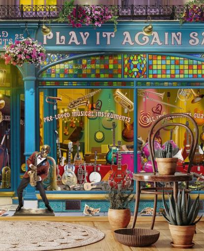 colourful custom facade wallpaper mural called Music Shop by Garry Walton for care homes