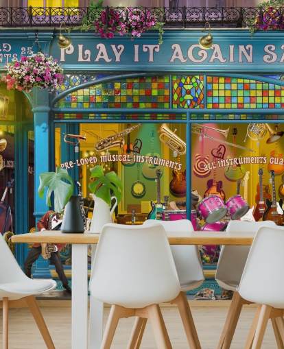 colourful custom facade wallpaper mural called Music Shop by Garry Walton for care homes