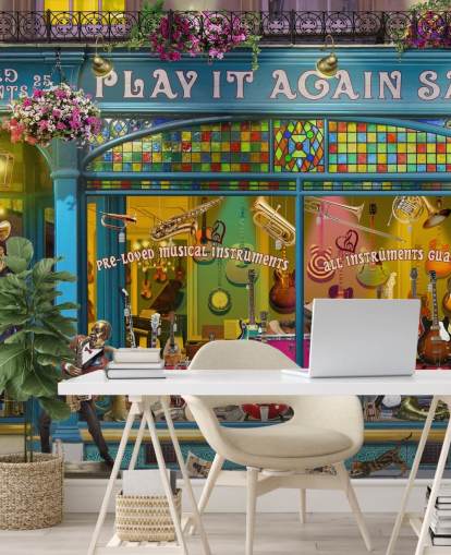 colourful custom facade wallpaper mural called Music Shop by Garry Walton for care homes