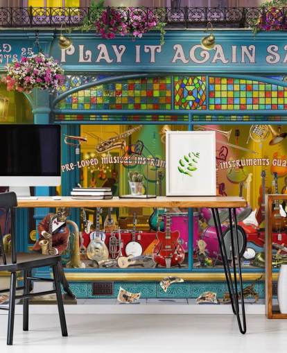 papier peint mural de façade personnalisé coloré appelé Music Shop par Garry Walton pour les maisons de retraite papier peint mural de façade personnalisé coloré appelé Music Shop par Garry Walton pour les maisons de retraite