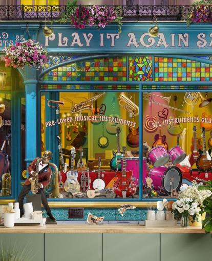 papier peint mural de façade personnalisé coloré appelé Music Shop par Garry Walton pour les maisons de retraite papier peint mural de façade personnalisé coloré appelé Music Shop par Garry Walton pour les maisons de retraite