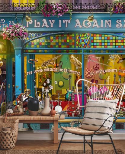 colourful custom facade wallpaper mural called Music Shop by Garry Walton for care homes
