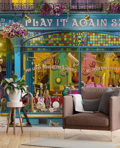colourful custom facade wallpaper mural called Music Shop by Garry Walton for care homes
