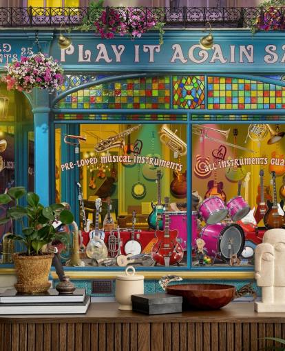 colorful custom facade wallpaper mural called Music Shop by Garry Walton for care homes