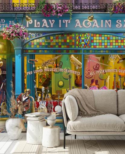 colorful custom facade wallpaper mural called Music Shop by Garry Walton for care homes