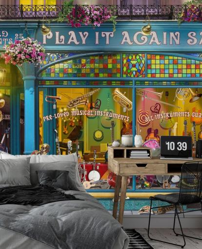 colourful custom facade wallpaper mural called Music Shop by Garry Walton for care homes