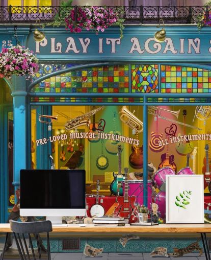 colourful custom facade wallpaper mural called Music Shop by Garry Walton for care homes