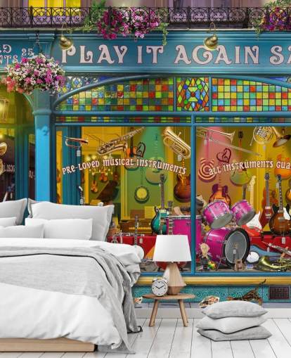 colourful custom facade wallpaper mural called Music Shop by Garry Walton for care homes