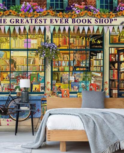colourful customisable facade wallpaper mural called Greatest Bookshop II by Garry Walton for care homes, schools and libraries