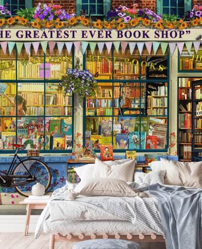 mural colorido y personalizable para fachadas llamado Greatest Bookshop II de Garry Walton para residencias de ancianos, escuelas y bibliotecas