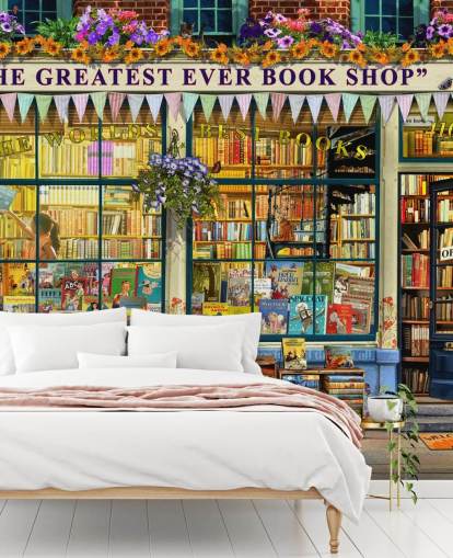 mural colorido y personalizable para fachadas llamado Greatest Bookshop II de Garry Walton para residencias de ancianos, escuelas y bibliotecas