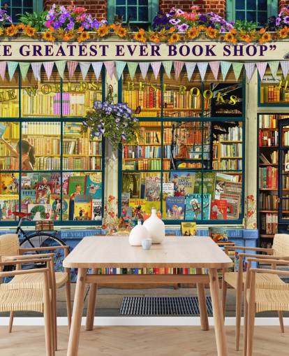 kleurrijke aanpasbare gevelbehangmuurschildering genaamd Greatest Bookshop II van Garry Walton voor verzorgingstehuizen, scholen en bibliotheken
