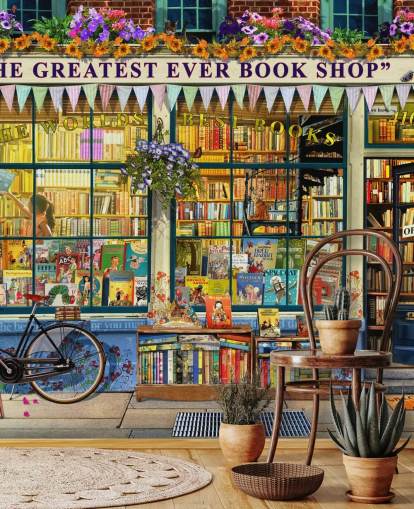 colorful customizable facade wallpaper mural called Greatest Bookshop II by Garry Walton for care homes, schools and libraries
