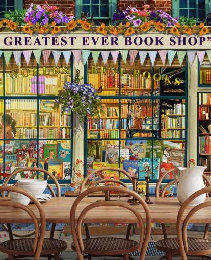 mural colorido de papel de parede de fachada personalizável chamado Greatest Bookshop II de Garry Walton para casas de repouso, escolas e bibliotecas