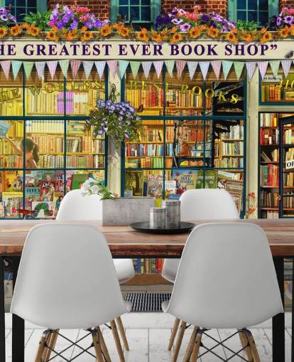 papier peint mural de façade coloré et personnalisable appelé Greatest Bookshop II par Garry Walton pour les maisons de retraite, les écoles et les bibliothèques