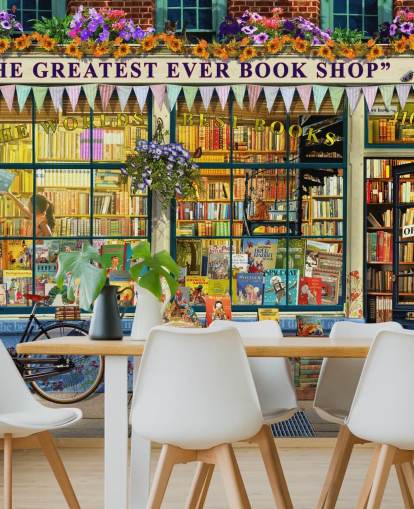 mural colorido y personalizable para fachadas llamado Greatest Bookshop II de Garry Walton para residencias de ancianos, escuelas y bibliotecas