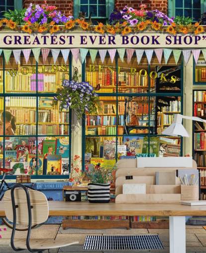 fargerikt tilpassbart fasadetapetveggmaleri kalt Greatest Bookshop II av Garry Walton for omsorgsboliger, skoler og biblioteker