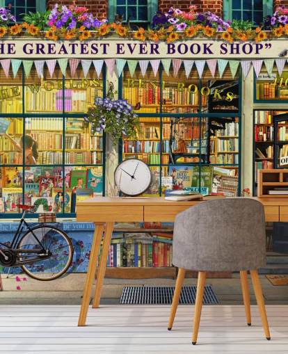 mural colorido y personalizable para fachadas llamado Greatest Bookshop II de Garry Walton para residencias de ancianos, escuelas y bibliotecas
