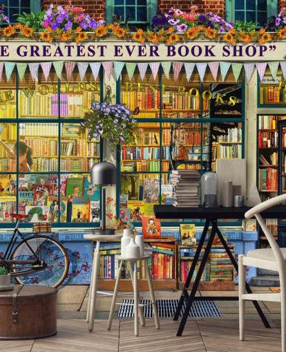 papier peint mural de façade coloré et personnalisable appelé Greatest Bookshop II par Garry Walton pour les maisons de retraite, les écoles et les bibliothèques