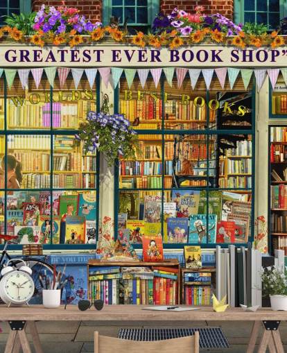 färgstark anpassningsbar fasadtapet väggmålning kallad Greatest Bookshop II av Garry Walton för vårdhem, skolor och bibliotek