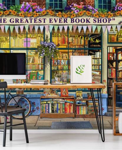 mural colorido y personalizable para fachadas llamado Greatest Bookshop II de Garry Walton para residencias de ancianos, escuelas y bibliotecas