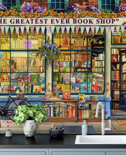 colorful customizable facade wallpaper mural called Greatest Bookshop II by Garry Walton for care homes, schools and libraries