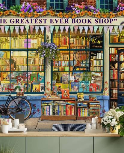 colorful customizable facade wallpaper mural called Greatest Bookshop II by Garry Walton for care homes, schools and libraries