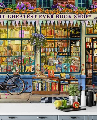 colourful customisable facade wallpaper mural called Greatest Bookshop II by Garry Walton for care homes, schools and libraries