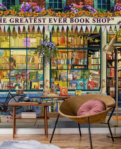 farbenfrohe, individuell gestaltbare Fassadentapete namens Greatest Bookshop II von Garry Walton für Pflegeheime, Schulen und Bibliotheken
