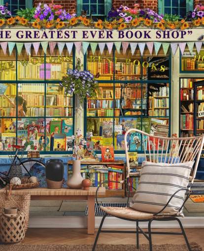 kleurrijke aanpasbare gevelbehangmuurschildering genaamd Greatest Bookshop II van Garry Walton voor verzorgingstehuizen, scholen en bibliotheken kleurrijke aanpasbare gevelbehangmuurschildering genaamd Greatest Bookshop II van Garry Walton voor verzorgingstehuizen, scholen en bibliotheken