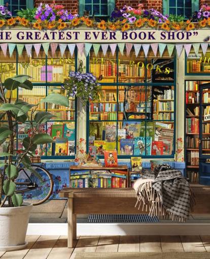 mural colorido y personalizable para fachadas llamado Greatest Bookshop II de Garry Walton para residencias de ancianos, escuelas y bibliotecas