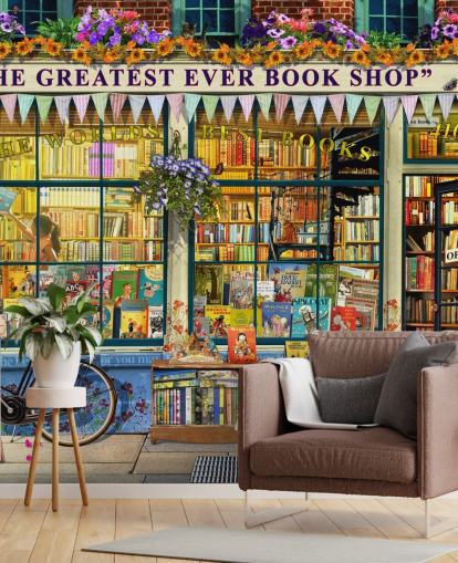 färgstark anpassningsbar fasadtapet väggmålning kallad Greatest Bookshop II av Garry Walton för vårdhem, skolor och bibliotek