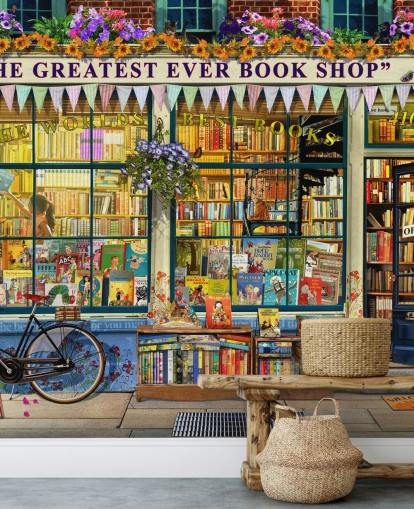 colorful customizable facade wallpaper mural called Greatest Bookshop II by Garry Walton for care homes, schools and libraries