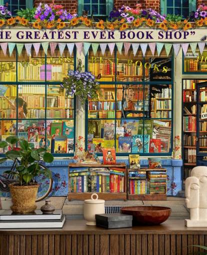 mural colorido y personalizable para fachadas llamado Greatest Bookshop II de Garry Walton para residencias de ancianos, escuelas y bibliotecas
