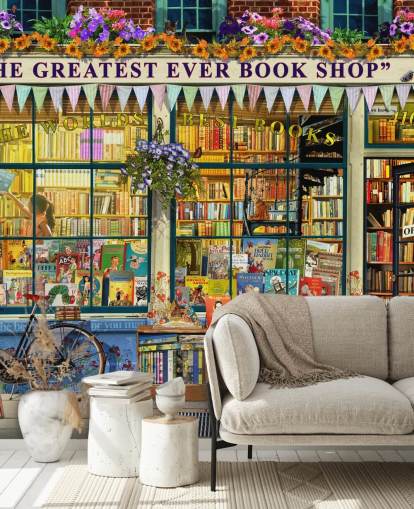 kleurrijke aanpasbare gevelbehangmuurschildering genaamd Greatest Bookshop II van Garry Walton voor verzorgingstehuizen, scholen en bibliotheken kleurrijke aanpasbare gevelbehangmuurschildering genaamd Greatest Bookshop II van Garry Walton voor verzorgingstehuizen, scholen en bibliotheken
