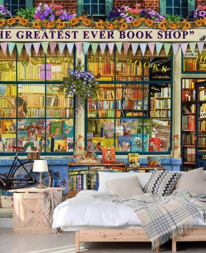 mural colorido de papel de parede de fachada personalizável chamado Greatest Bookshop II de Garry Walton para casas de repouso, escolas e bibliotecas