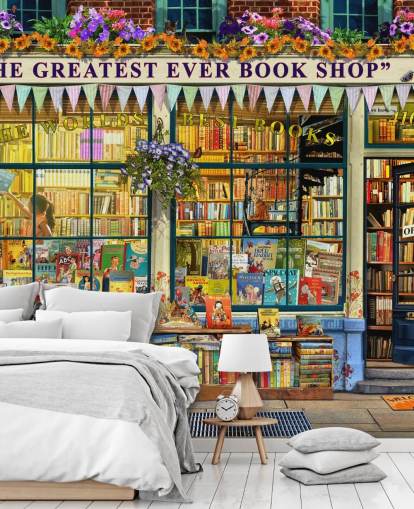 kleurrijke aanpasbare gevelbehangmuurschildering genaamd Greatest Bookshop II van Garry Walton voor verzorgingstehuizen, scholen en bibliotheken kleurrijke aanpasbare gevelbehangmuurschildering genaamd Greatest Bookshop II van Garry Walton voor verzorgingstehuizen, scholen en bibliotheken